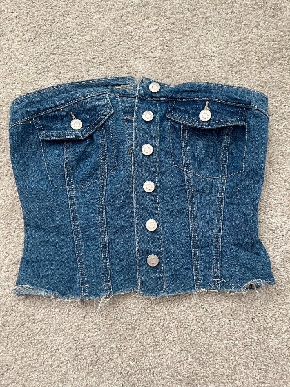 Women’s Blue Denim Strapless Corset Top Button Front Smocked Back Y2K